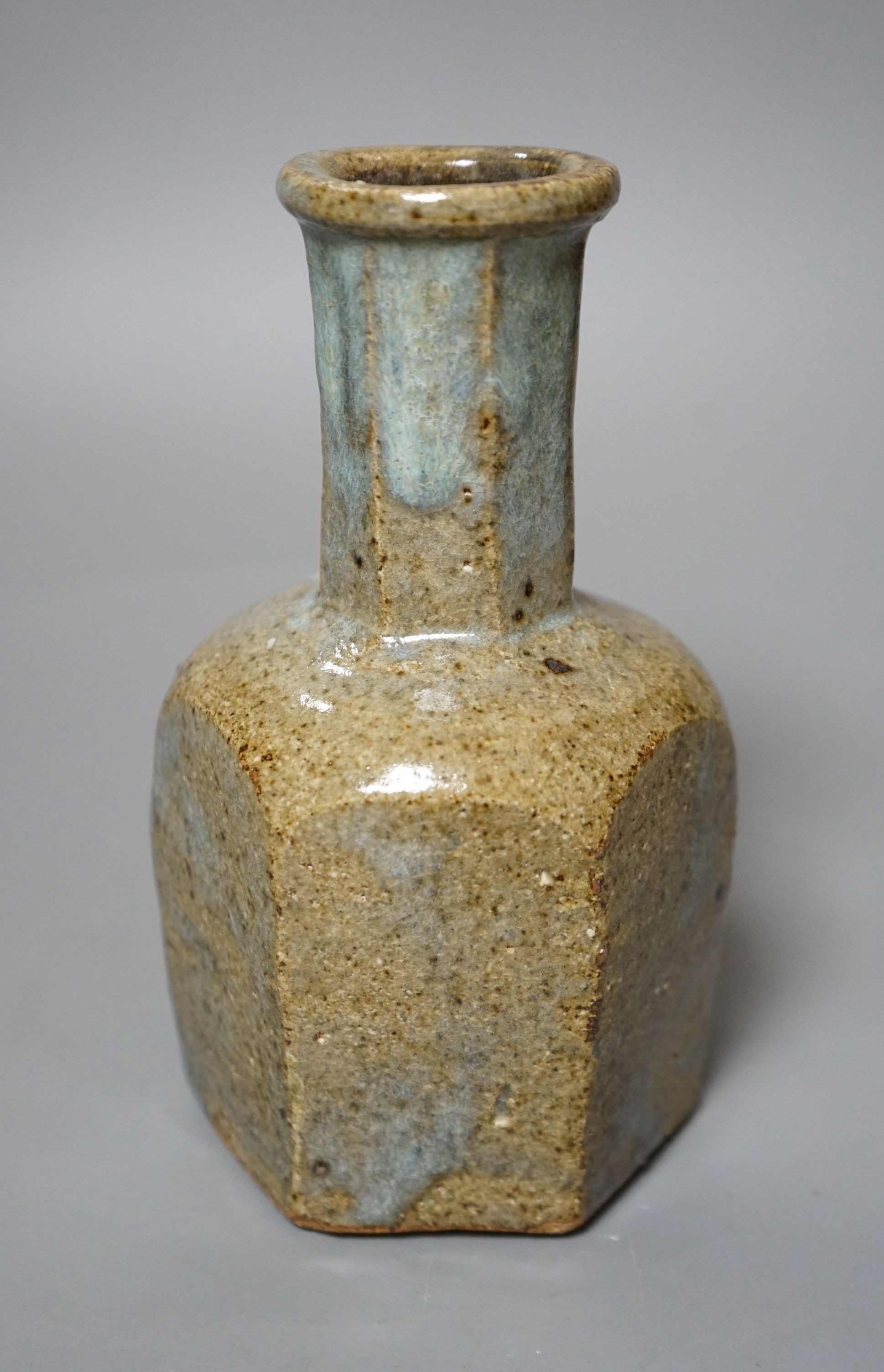 William Marshall (1923–2007) for Leach St Ives pottery, an olive green and pale blue glazed hexagonal bottle vase, 18cm tall